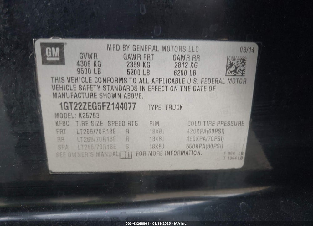2015 GMC SIERRA 2500HD SLT VIN: 1GT22ZEG5FZ144077