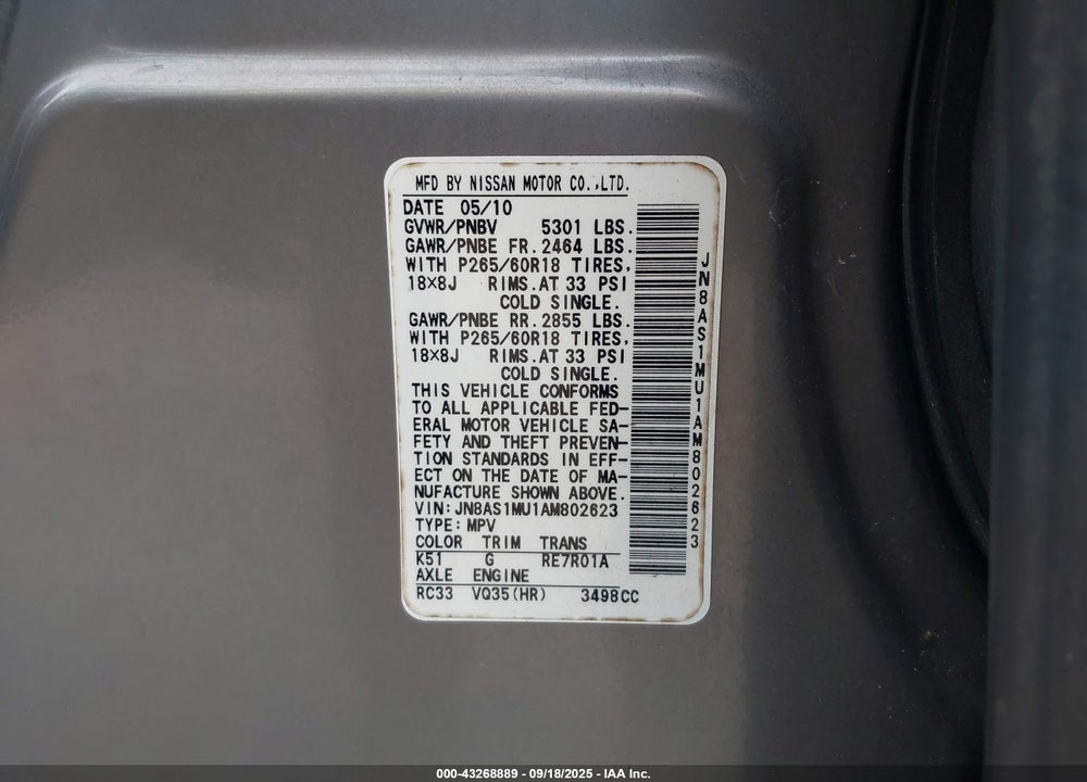 2010 INFINITI FX35 VIN: JN8AS1MU1AM802623
