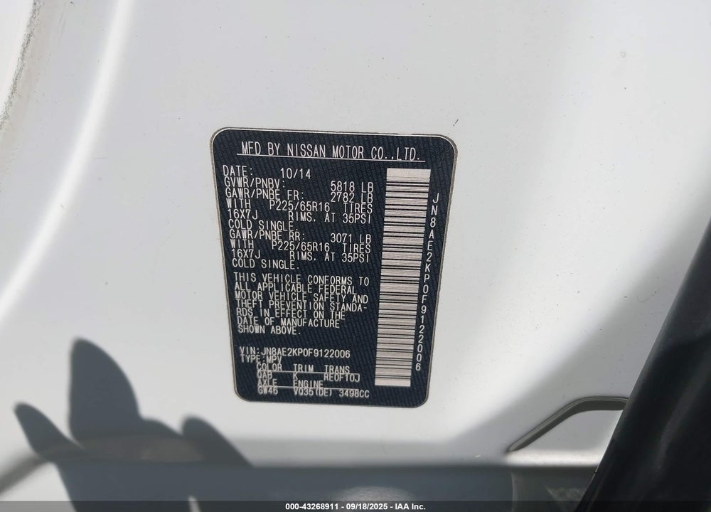 2015 NISSAN QUEST SV VIN: JN8AE2KP0F9122006
