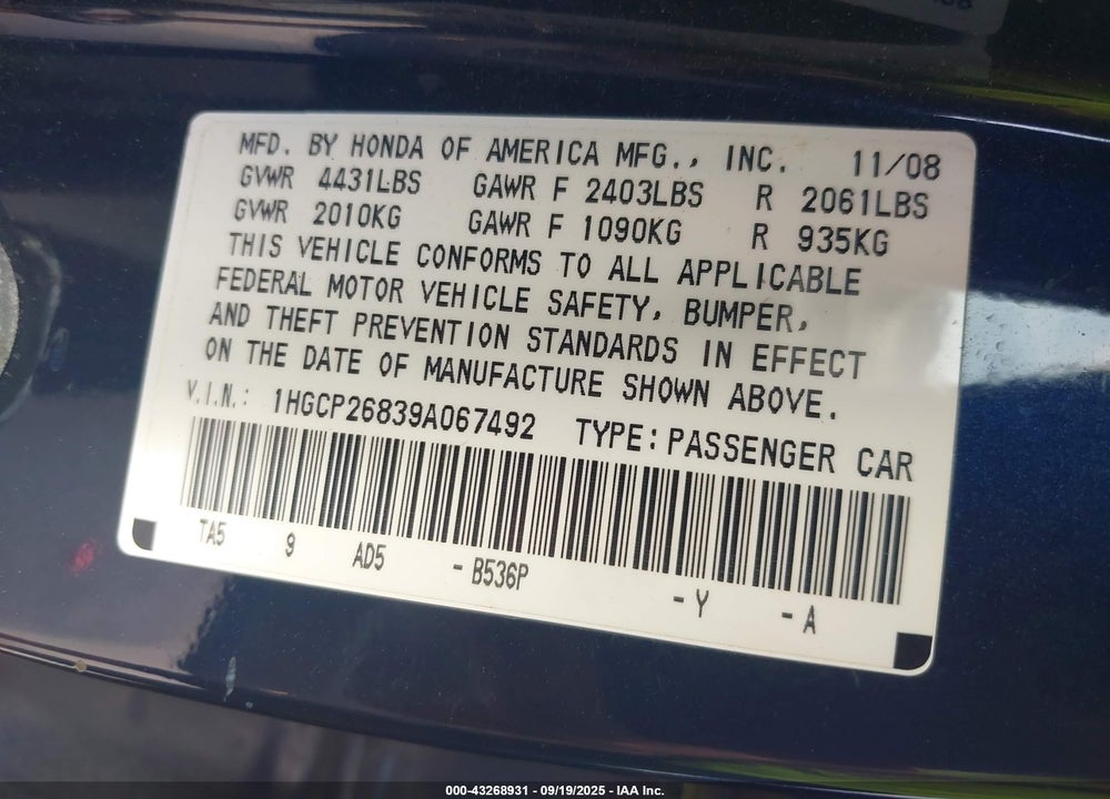 2009 HONDA ACCORD VIN: 1HGCP26839A067492