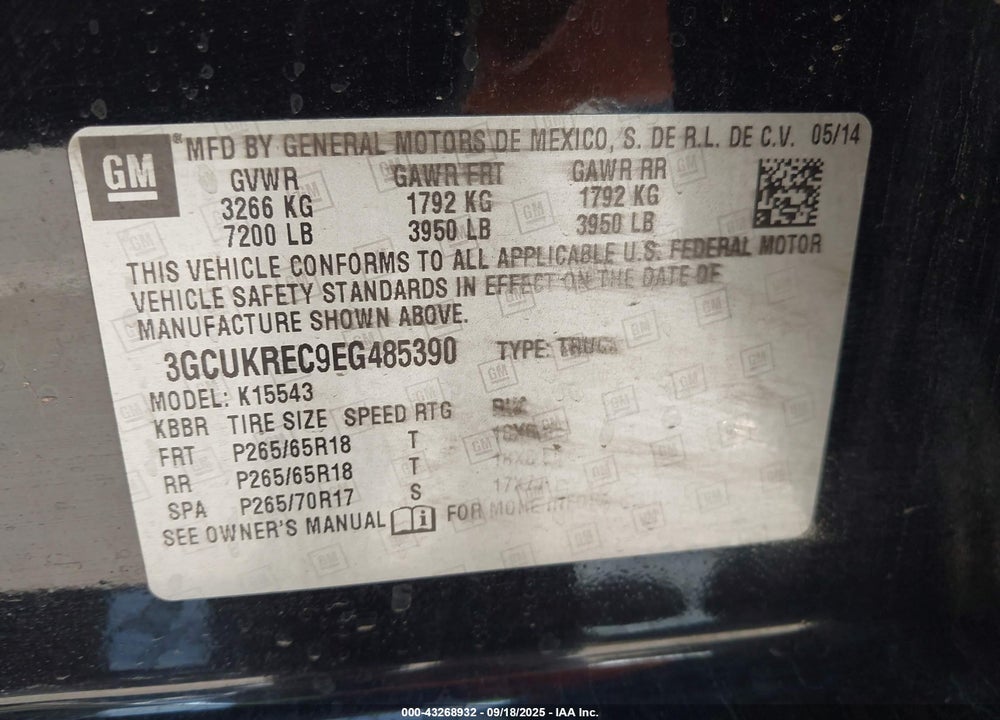 2014 CHEVROLET SILVERADO 1500 VIN: 3GCUKREC9EG485390