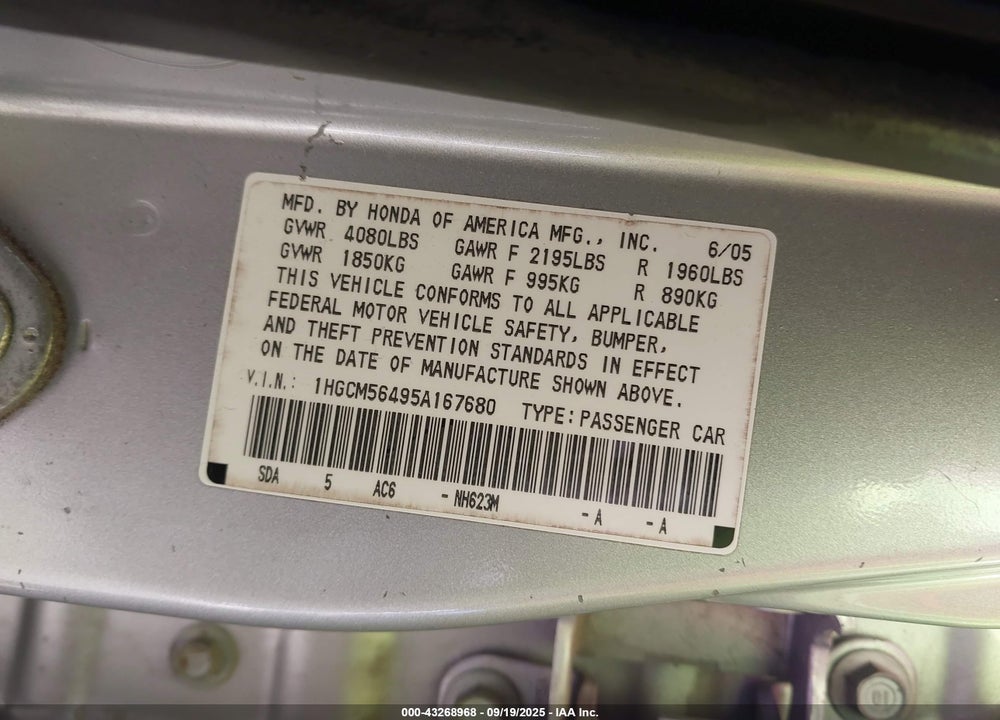 2005 HONDA ACCORD 2.4 LX VIN: 1HGCM56495A167680