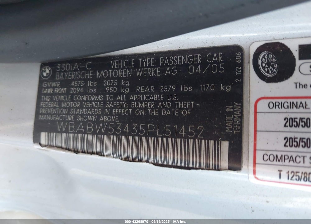 2005 BMW 330CI VIN: WBABW53435PL51452