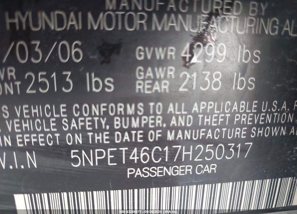 2007 HYUNDAI SONATA VIN: 5NPET46C17H250317