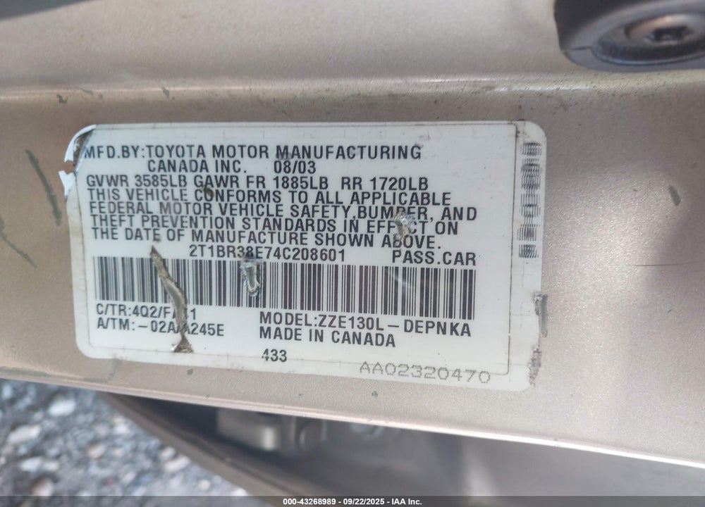 2004 TOYOTA COROLLA LE VIN: 2T1BR38E74C208601