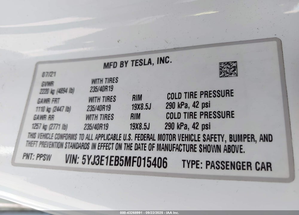 2021 TESLA MODEL 3 VIN: 5YJ3E1EB5MF015406
