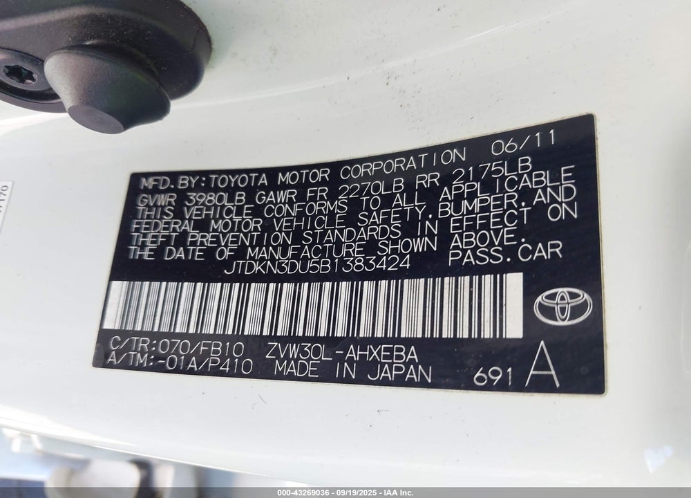 2011 TOYOTA PRIUS VIN: JTDKN3DU5B1383424