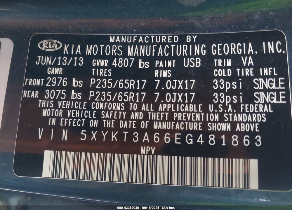 2014 KIA SORENTO VIN: 5XYKT3A66EG481863