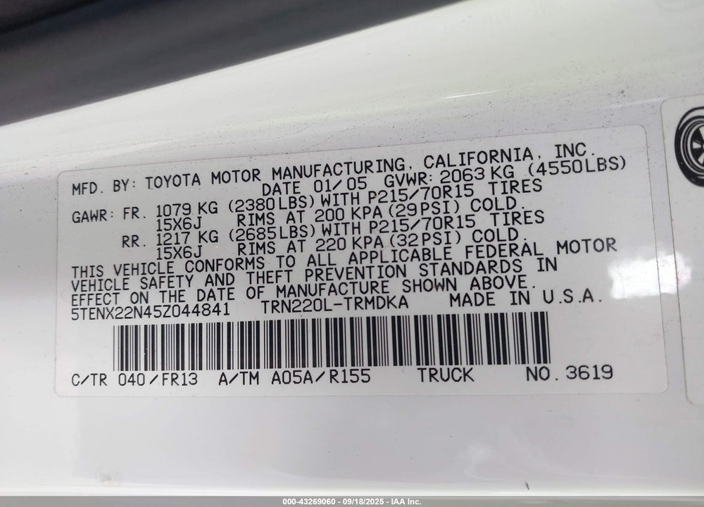 2005 TOYOTA TACOMA VIN: 5TENX22N45Z044841