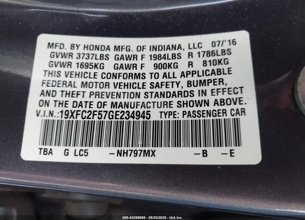 2016 HONDA CIVIC VIN: 19XFC2F57GE234945