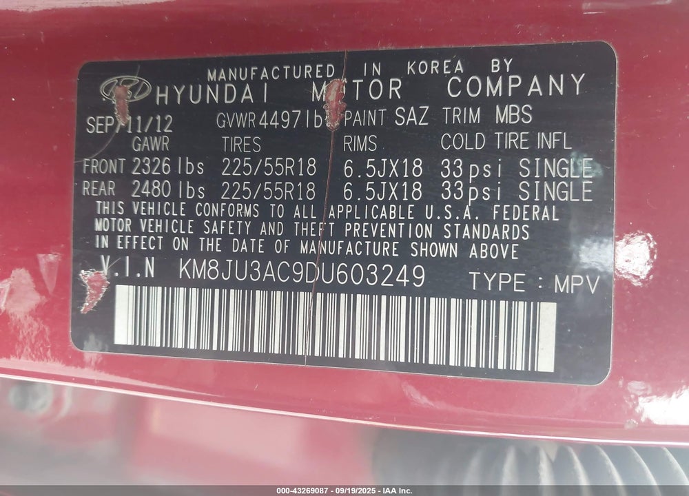 2013 HYUNDAI TUCSON VIN: KM8JU3AC9DU603249