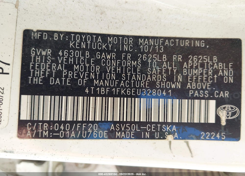 2014 TOYOTA CAMRY VIN: 4T1BF1FK6EU328041