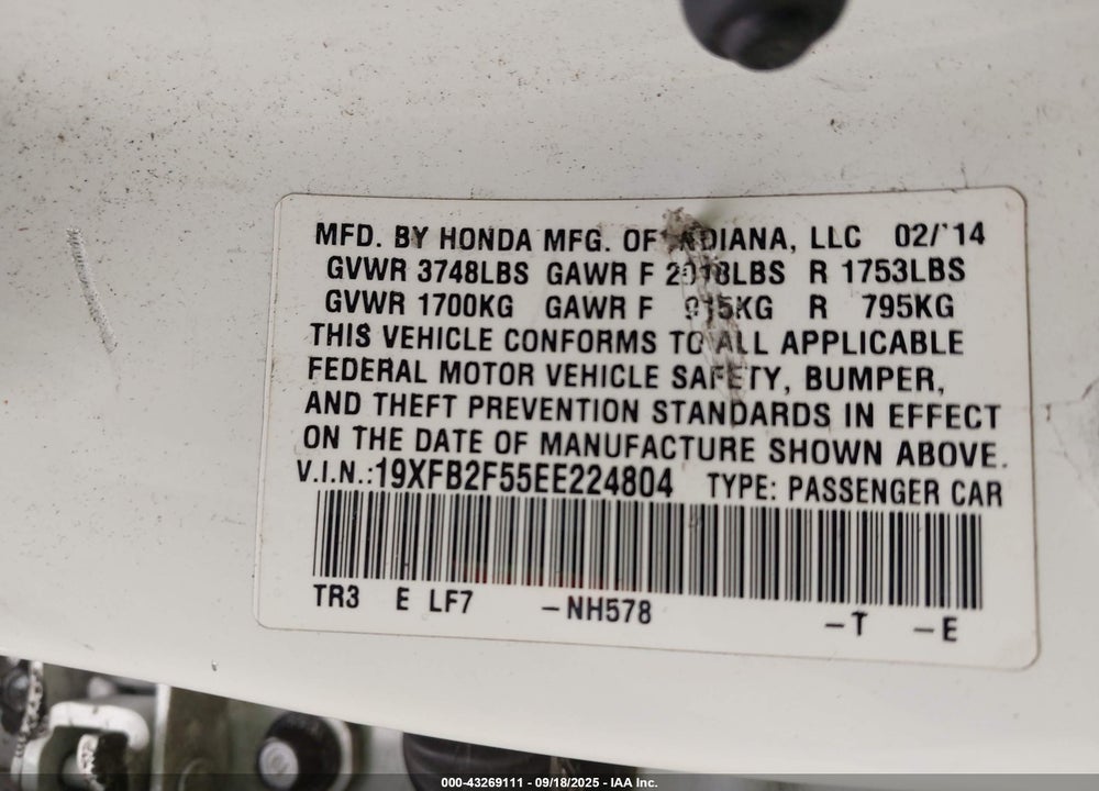 2014 HONDA CIVIC VIN: 19XFB2F55EE224804