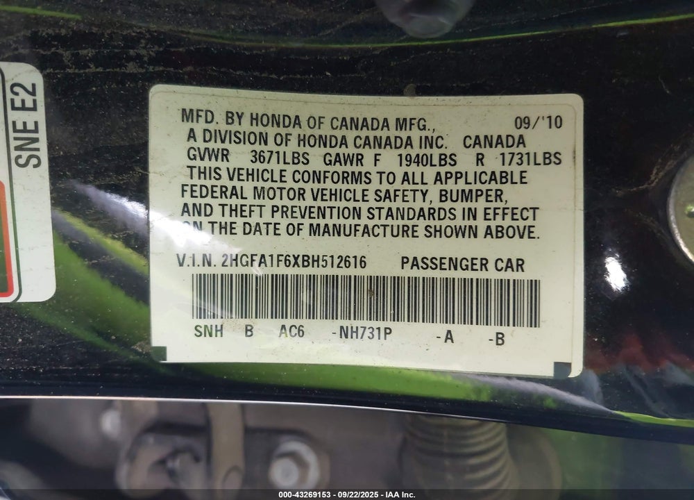2011 HONDA CIVIC VIN: 2HGFA1F6XBH512616