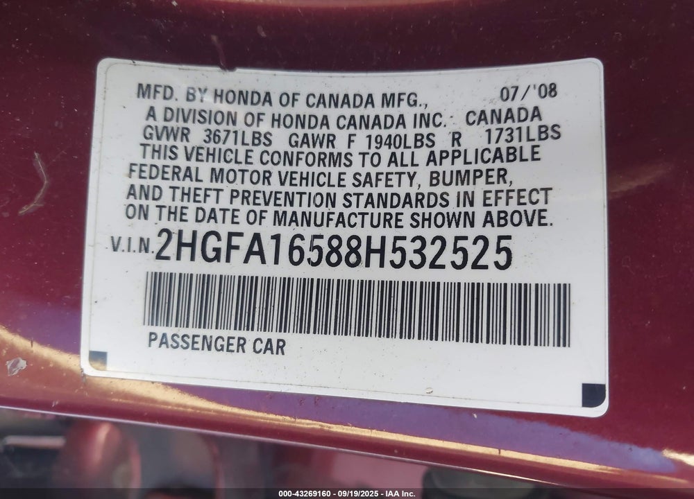 2008 HONDA CIVIC VIN: 2HGFA16588H532525
