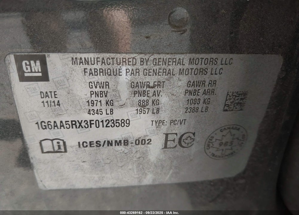 2015 CADILLAC ATS STANDARD VIN: 1G6AA5RX3F0123589