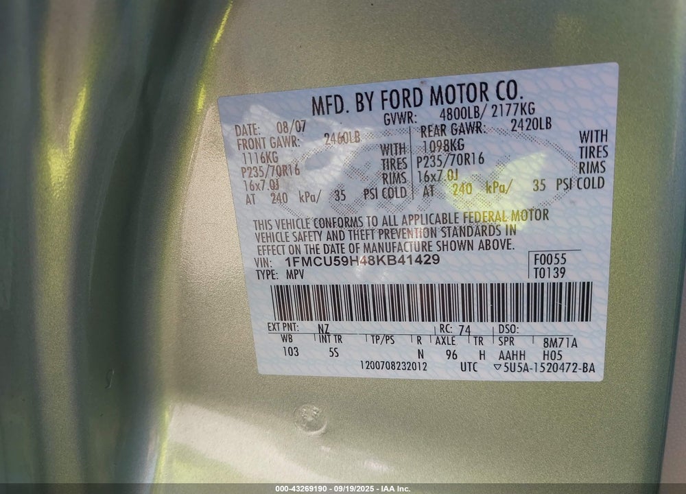 2008 FORD ESCAPE HYBRID VIN: 1FMCU59H48KB41429