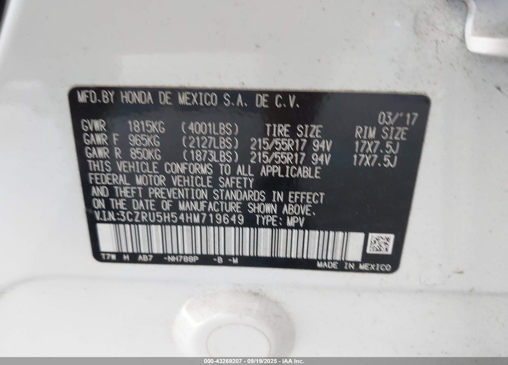 2017 HONDA HR-V VIN: 3CZRU5H54HM719649