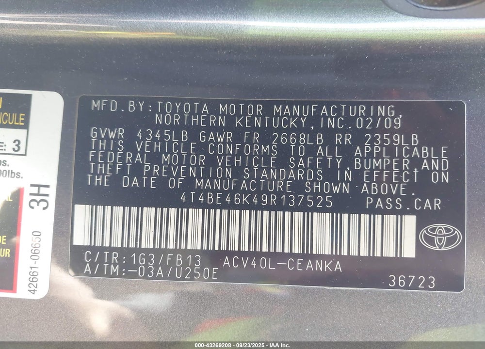 2009 TOYOTA CAMRY VIN: 4T4BE46K49R137525