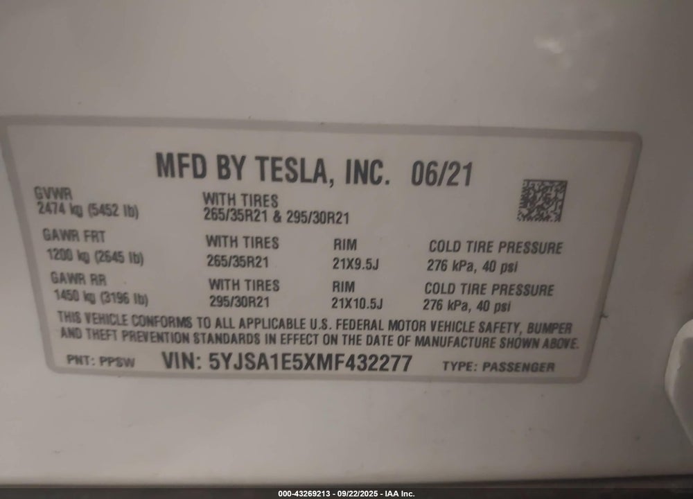 2021 TESLA MODEL S LONG RANGE DUAL MOTOR ALL-WHEEL DRIVE VIN: 5YJSA1E5XMF432277