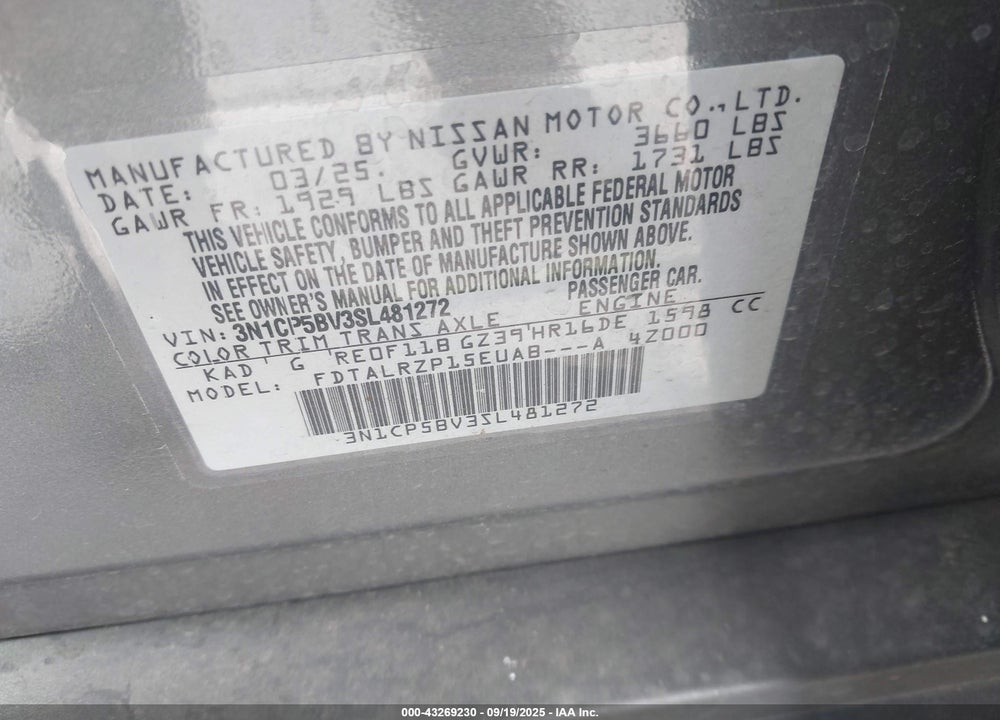 2025 NISSAN KICKS PLAY S VIN: 3N1CP5BV3SL481272