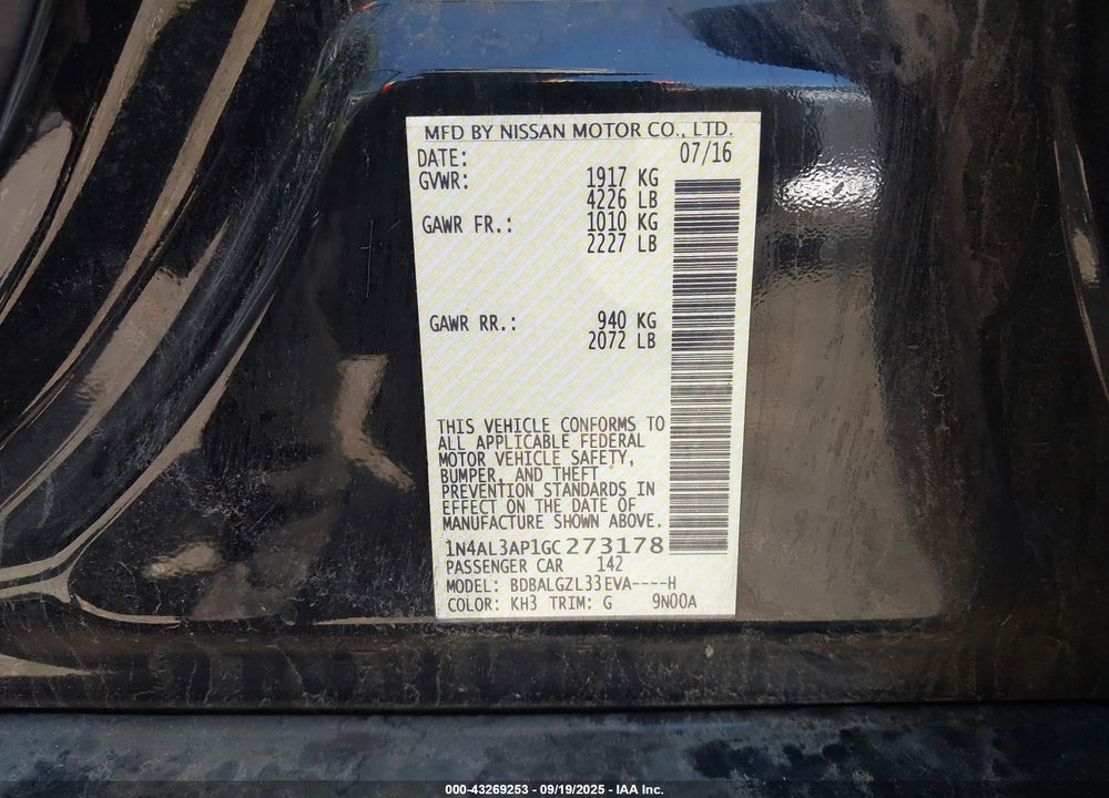 2016 NISSAN ALTIMA VIN: 1N4AL3AP1GC273178