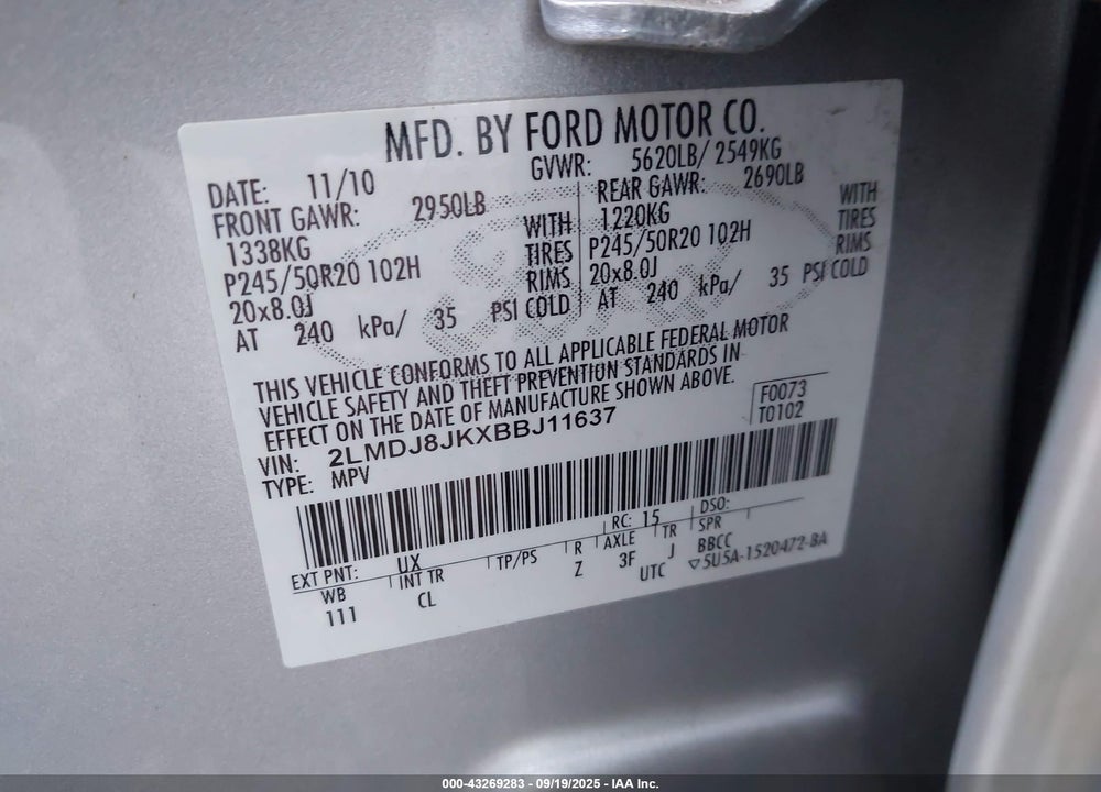 2011 LINCOLN MKX VIN: 2LMDJ8JKXBBJ11637