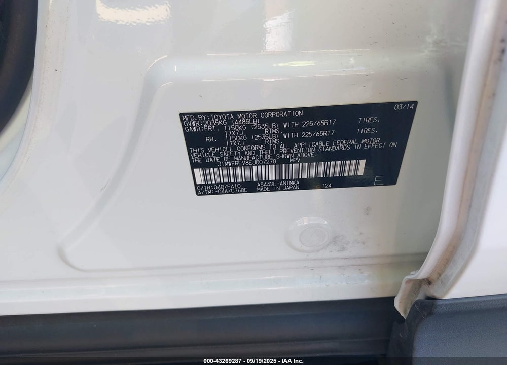 2014 TOYOTA RAV4 VIN: JTMWFREV8EJ007278