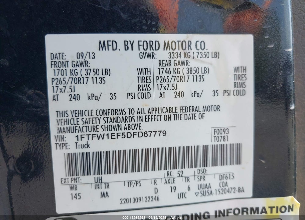 2013 FORD F-150 VIN: 1FTFW1EF5DFD67779