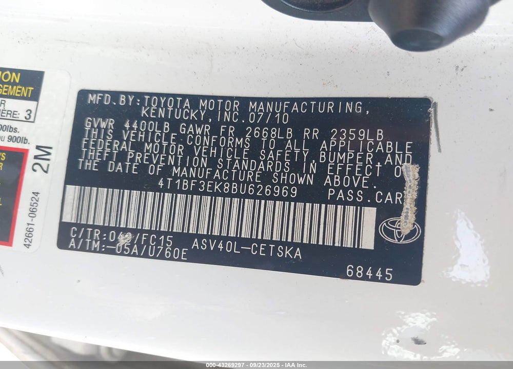 2011 TOYOTA CAMRY SE VIN: 4T1BF3EK8BU626969