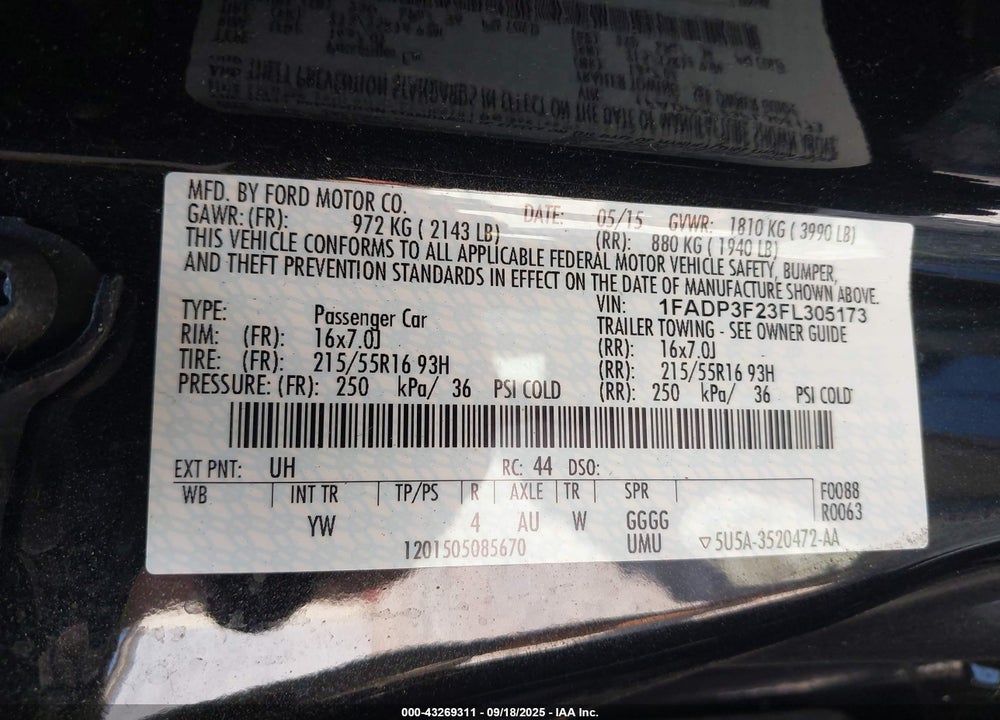 2015 FORD FOCUS SE VIN: 1FADP3F23FL305173