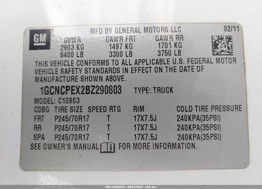 2011 CHEVROLET SILVERADO 1500 VIN: 1GCNCPEX2BZ290803