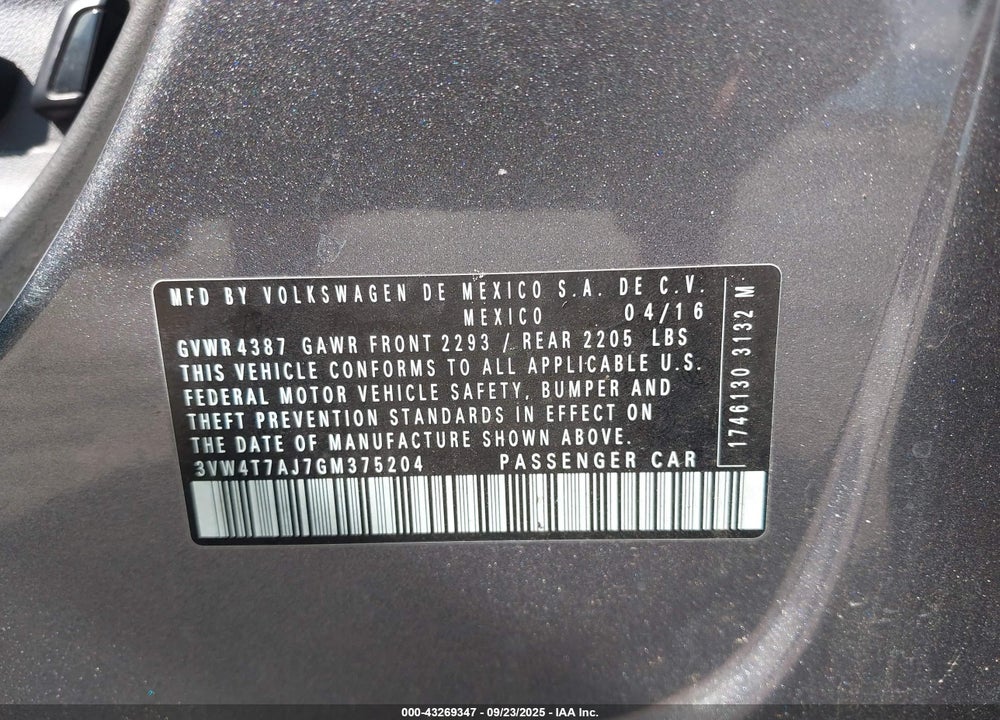 2016 VOLKSWAGEN JETTA VIN: 3VW4T7AJ7GM375204