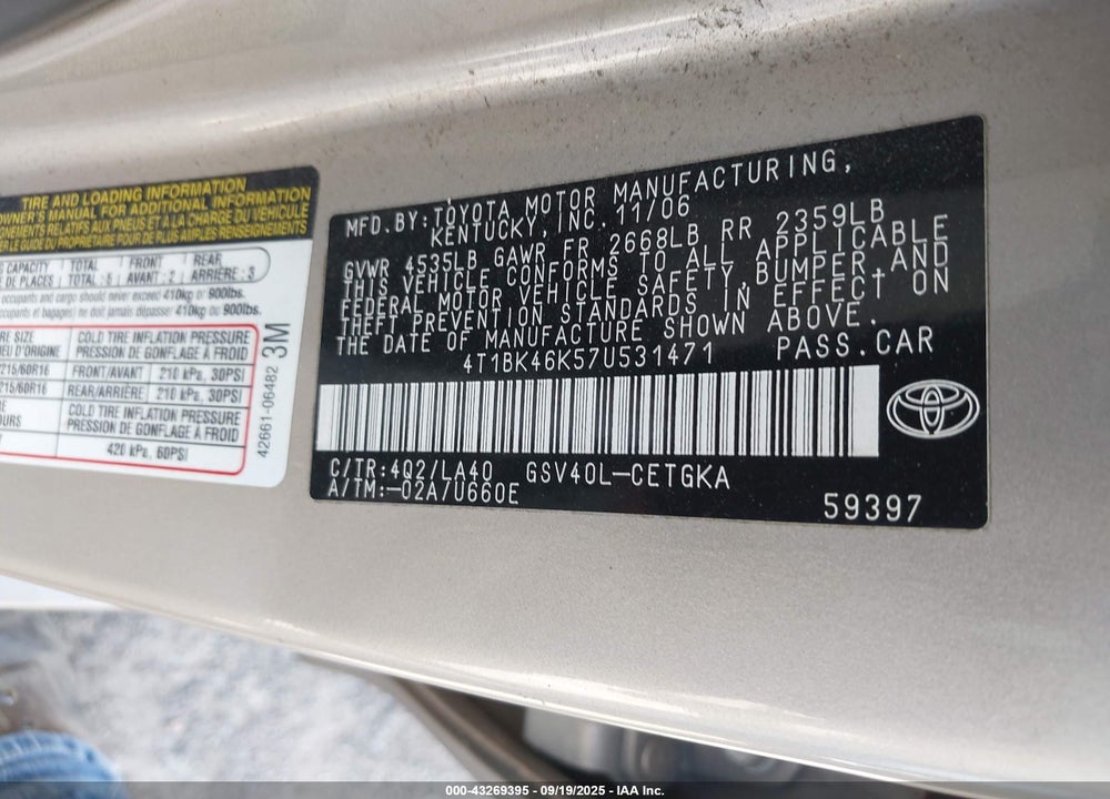 2007 TOYOTA CAMRY VIN: 4T1BK46K57U531471