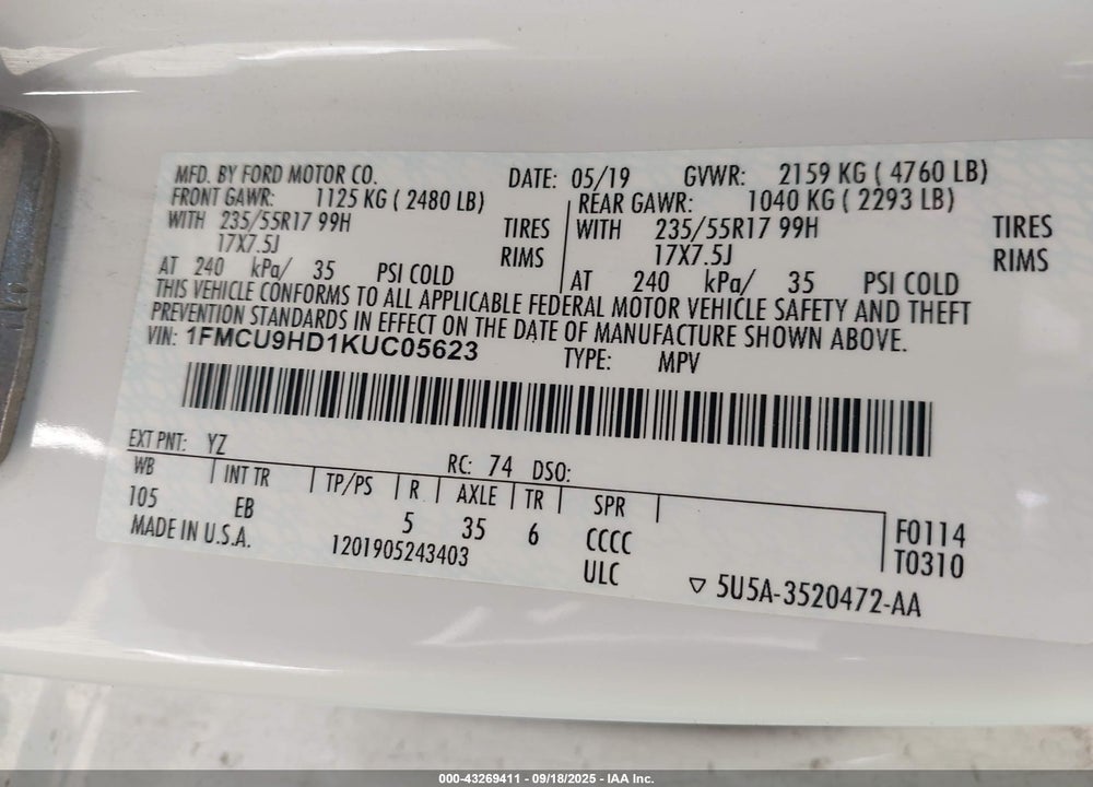 2019 FORD ESCAPE SEL VIN: 1FMCU9HD1KUC05623
