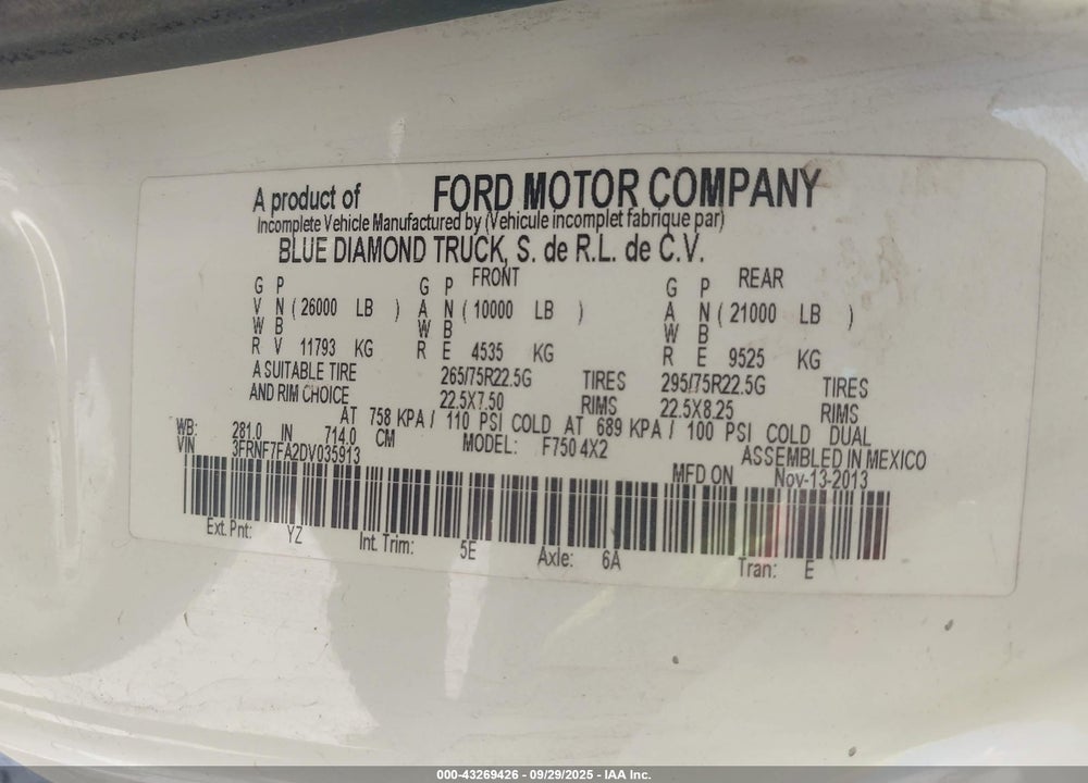 2013 FORD SUPER DUTY F-750 STRAIGHT FRAME XL/XLT VIN: 3FRNF7FA2DV035913