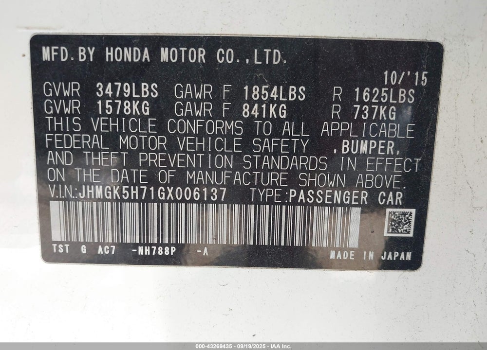 2016 HONDA FIT EX VIN: JHMGK5H71GX006137