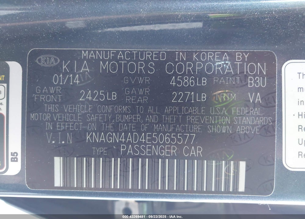2014 KIA OPTIMA HYBRID VIN: KNAGN4AD4E5065577