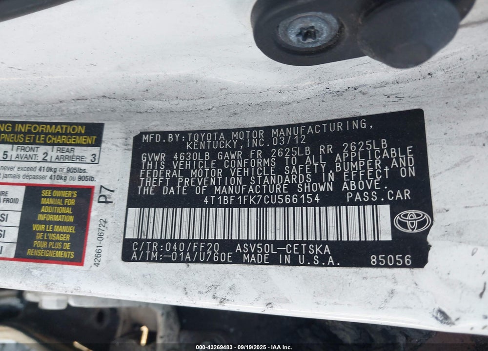 2012 TOYOTA CAMRY VIN: 4T1BF1FK7CU566154