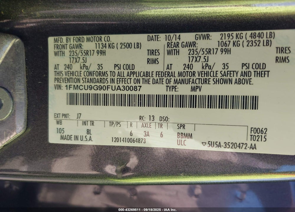 2015 FORD ESCAPE SE VIN: 1FMCU9G90FUA30087