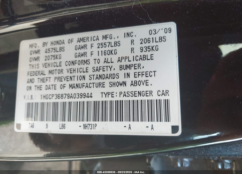2009 HONDA ACCORD VIN: 1HGCP36879A039944