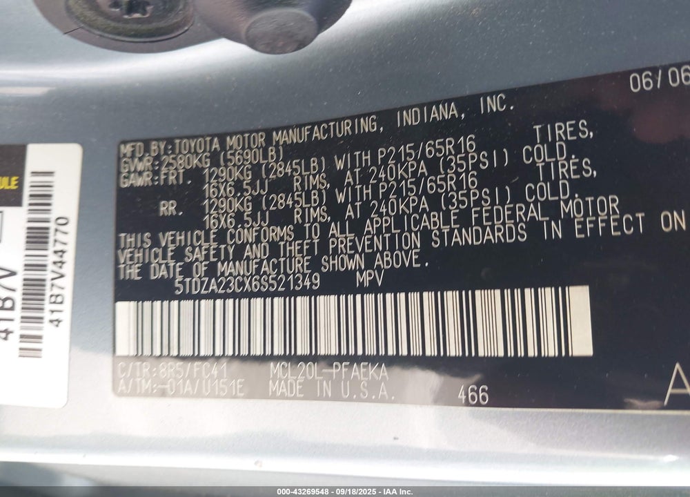 2006 TOYOTA SIENNA LE VIN: 5TDZA23CX6S521349