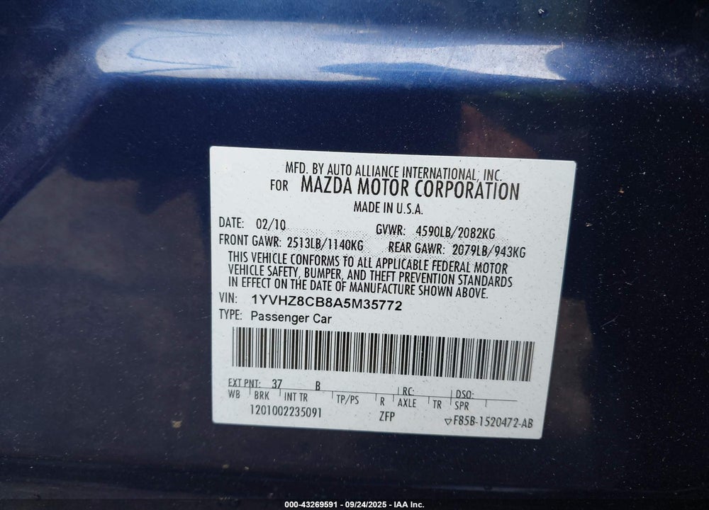 2010 MAZDA 6 S GRAND TOURING VIN: 1YVHZ8CB8A5M35772