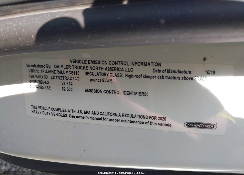 2020 FREIGHTLINER NEW CASCADIA 126 VIN: 1FUJHHDR4LLMC5118