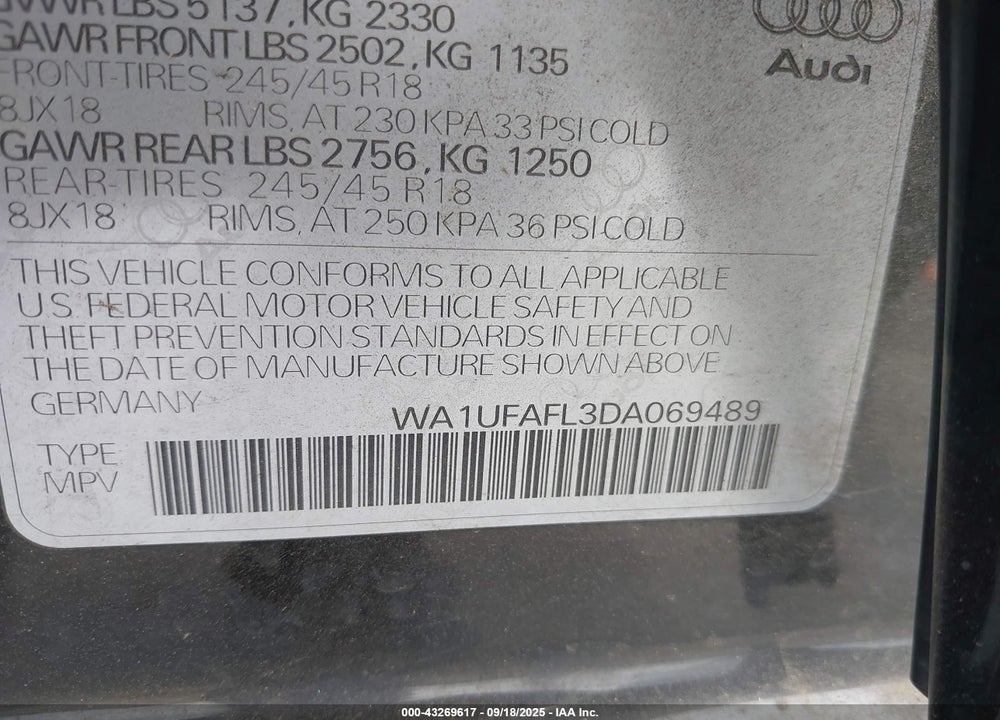 2013 AUDI ALLROAD VIN: WA1UFAFL3DA069489