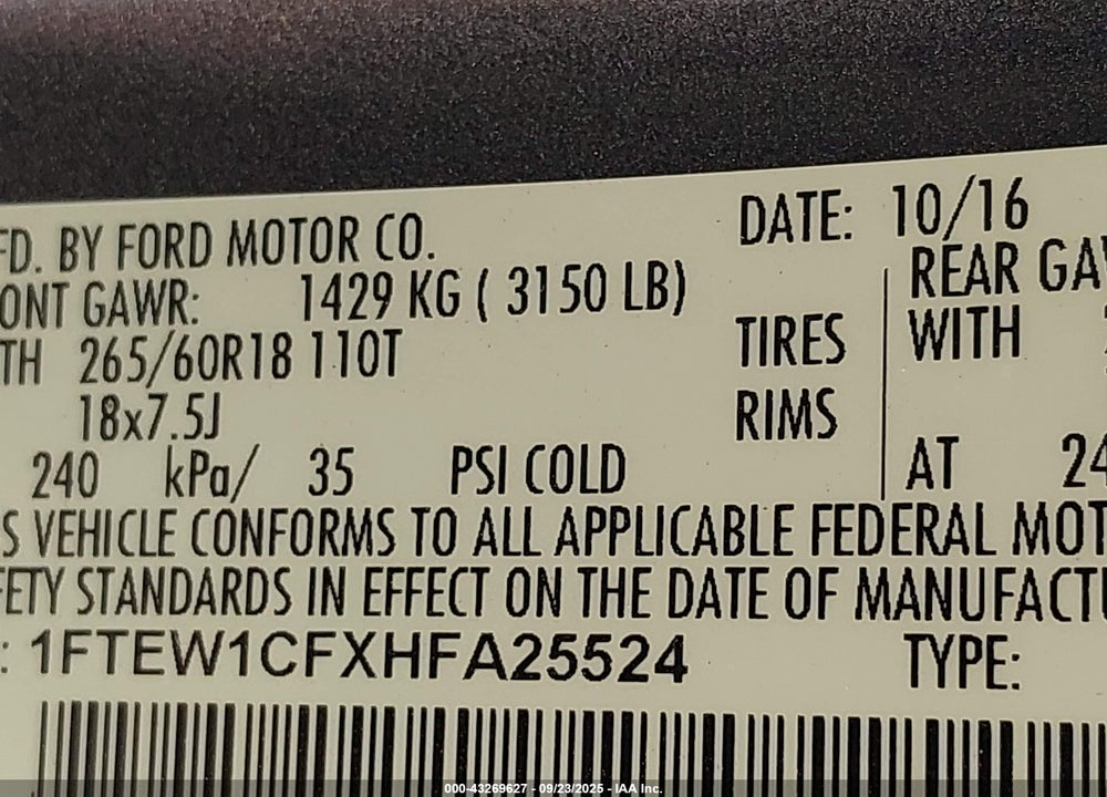 2017 FORD F-150 XLT VIN: 1FTEW1CFXHFA25524