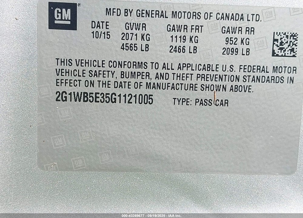 2016 CHEVROLET IMPALA LIMITED VIN: 2G1WB5E35G1121005