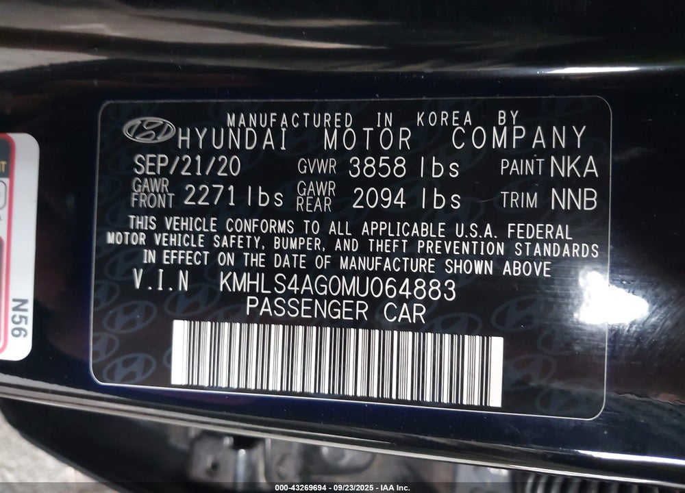 2021 HYUNDAI ELANTRA SEL VIN: KMHLS4AG0MU064883