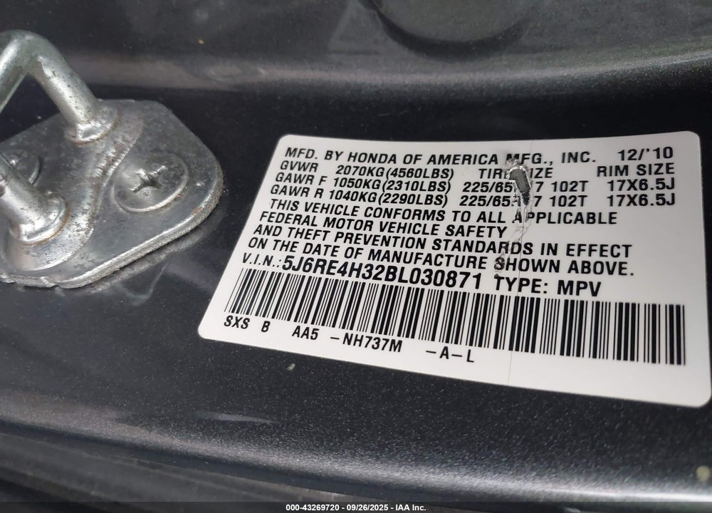 2011 HONDA CR-V VIN: 5J6RE4H32BL030871