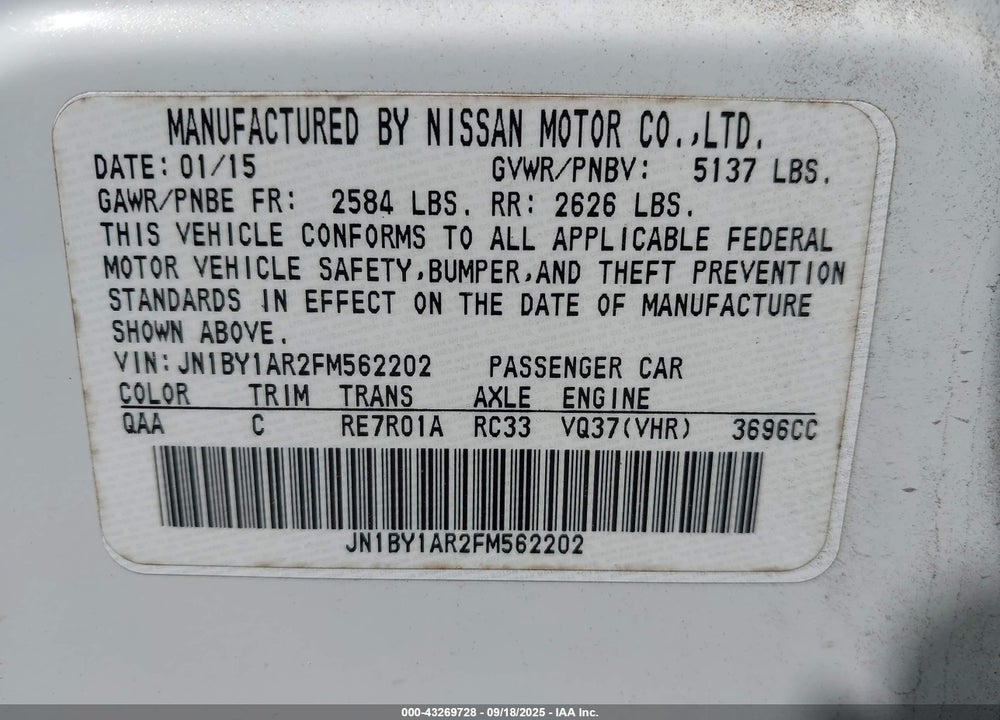 2015 INFINITI Q70 VIN: JN1BY1AR2FM562202